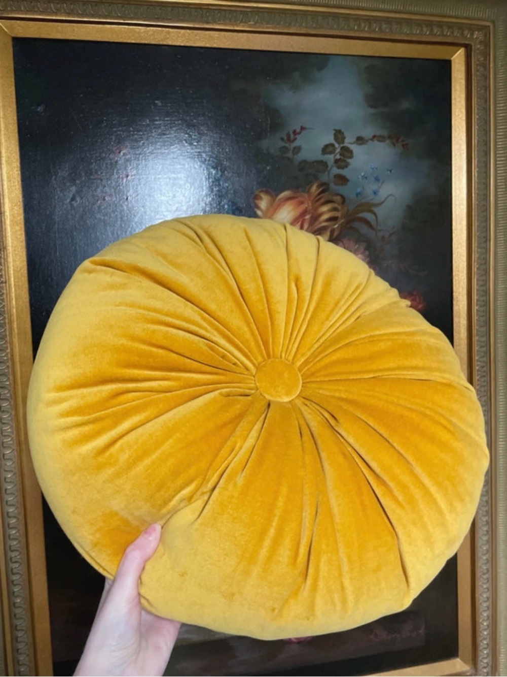 World Market Mustard round tufted throw pillow